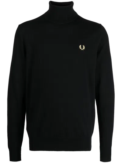 Fred Perry Roll-neck Logo Wool-blend Jumper In Black