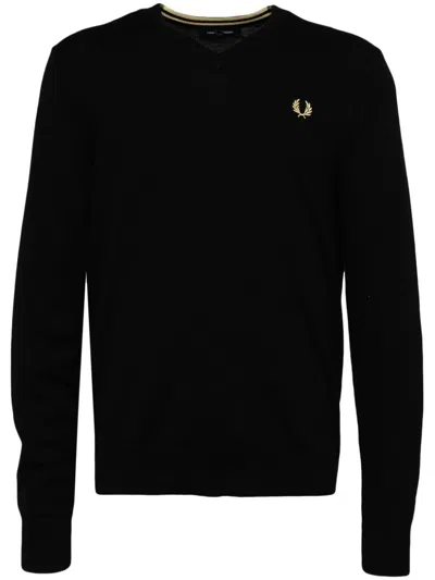 Fred Perry Logo-embroidered V-neck Jumper In Black