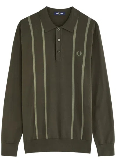 Fred Perry Logo Striped-intarsia Cotton Jumper In Green