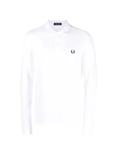 Fred Perry Long Sleeve Piquet Polo Shirt Ribbed Cuffs In White