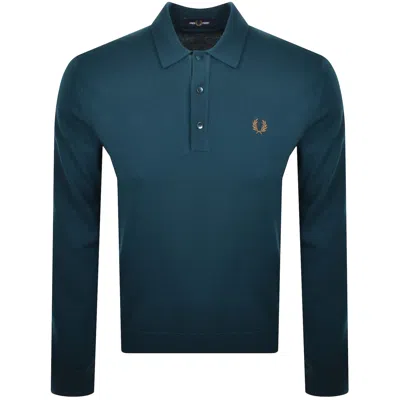 Fred Perry Long Sleeve Knit Polo Dark Petrol In Blue