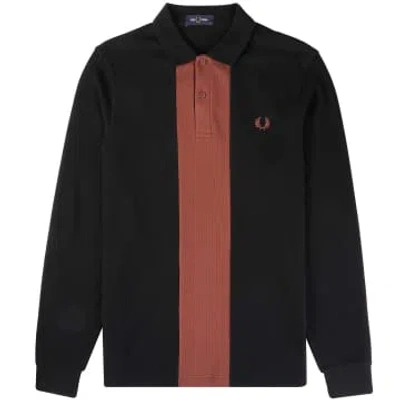 Fred Perry Long Sleeve Panelled Polo Shirt Black/burnt Tobacco
