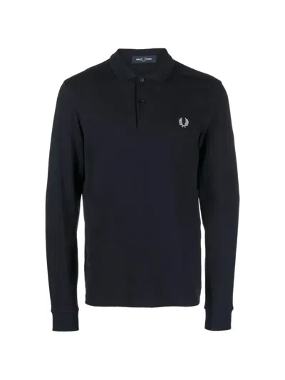 Fred Perry Long Sleeve Polo Collar Logo Shirt In Blue