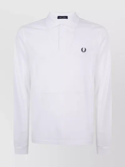 Fred Perry Long Sleeve Polo Shirt With Ribbed Cuffs In White