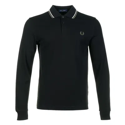 Fred Perry Long Sleeve Twin Tipped Polo Shirt Black Ecru Laurel Green