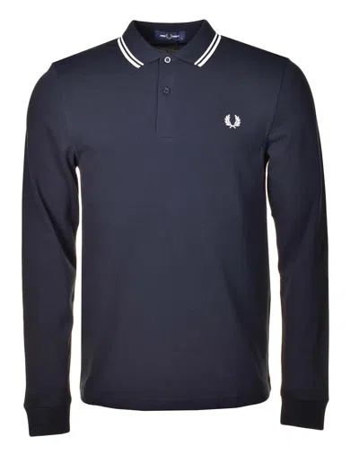 Fred Perry Long Sleeve Twin Tipped Polo Shirt Navy White In Blue