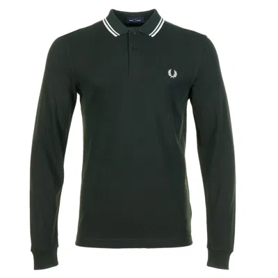 Fred Perry Long Sleeve Twin Tipped Polo Shirt Night Green Snow White