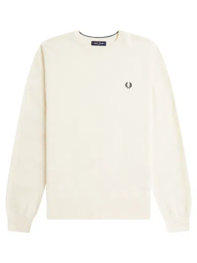 Fred Perry Logo Knit Top Ribbed Cuffs Hem In Neutral