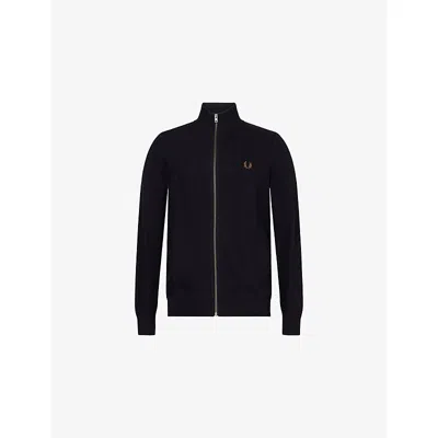 Fred Perry Mens Black Logo-embroidery Textured Zip Cotton Knitted Cardigan