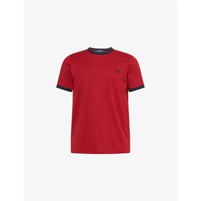 Fred Perry Mens Burnt Red Navy Ringer Embroidered-logo Cotton T-shirt In White