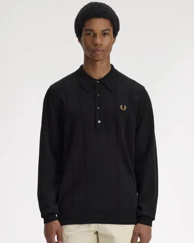 Fred Perry Mens Cable Knitted Long Sleeve Polo Shirt In Black