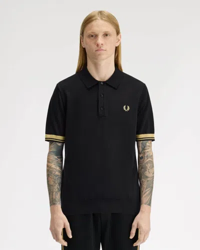 Fred Perry Mens Contrast Cuff Knitted Polo Shirt In Black