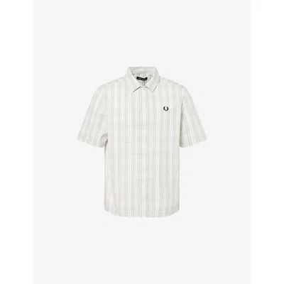 Fred Perry Mens Ecru Checked Cotton Seersucker Shirt In White