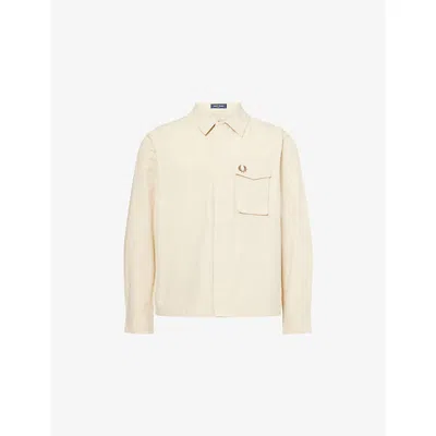 Fred Perry Mens Oatmeal Embroidered-logo Flap-pocket Cotton Shirt In Neutral