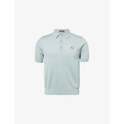 Fred Perry Mens Brand-embroidered Knitted Cotton Polo Shirt Silver Blue Xxl