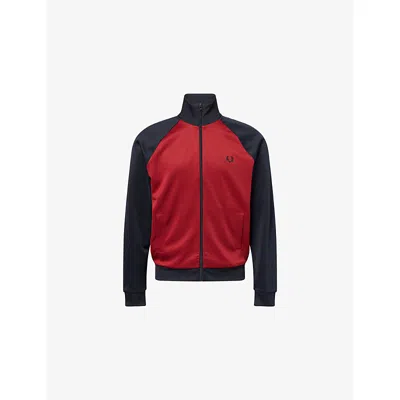 Fred Perry Mens Burnt Red Navy Logo-embroidery Contrast Track Woven Jacket