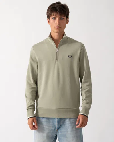 Fred Perry Mens Half Zip Sweatshirt In Seagrass/ecru/dark Airforce 76c