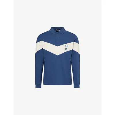 Fred Perry Mens Insignia Blue  X Craig Green Contrast-panel Long-sleeves Cotton-piqué Polo Shirt