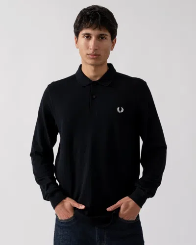 Fred Perry Mens Long Sleeve Plain Signature Polo Shirt Nos In Black