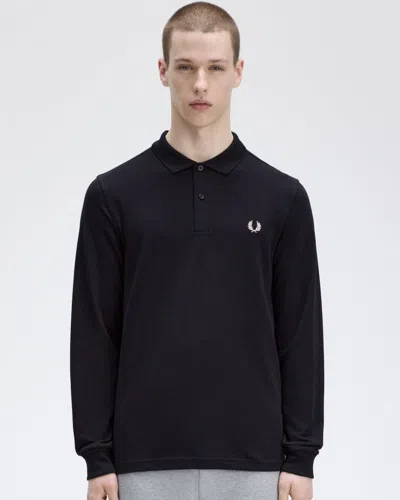 Fred Perry Mens Long Sleeve Plain Signature Polo Shirt Nos In Black