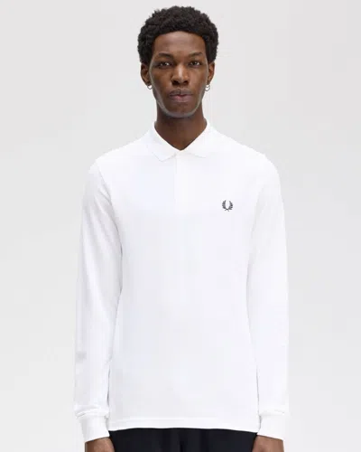 Fred Perry Mens Long Sleeve Plain Signature Polo Shirt Nos In White