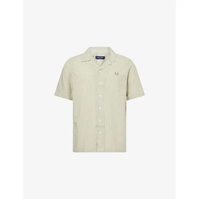 Fred Perry Mens Olive Mint Gingham Seersucker Cotton-blend Shirt Xl