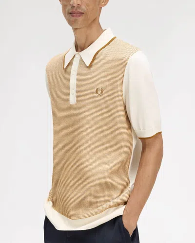 Fred Perry Waffle Knit Polo T Shirt Ecru In Brown