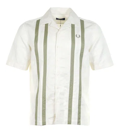 Fred Perry Panelled Linen Blend Short Sleeve Shirt Light Ecru In White