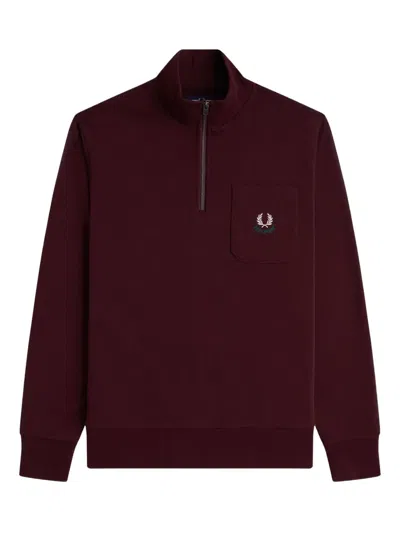 Fred Perry Quarter-zip Embroidered-pocket Sweatshirt In Red
