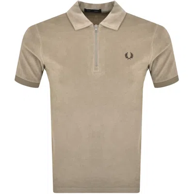 Fred Perry Quarter Zip Polo T Shirt Khaki In Brown