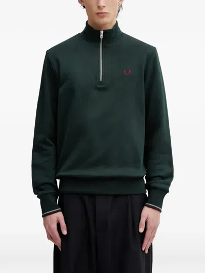 Fred Perry Quarter-zip Embroidered-logo Sweater In Green