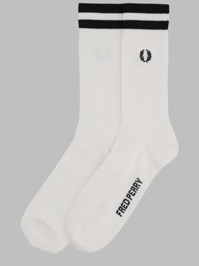 Fred Perry Ribbed Crew Socks With Twin Stripe Cuff In White