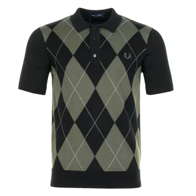 Fred Perry Short Sleeve Textured Argyle Knitted Polo Shirt Black In Green