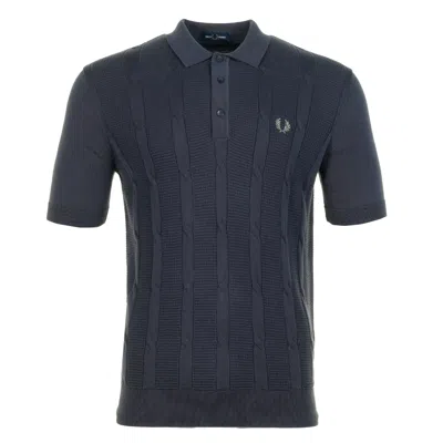 Fred Perry Short Sleeve Textured Cable Knit Polo Shirt Dark Airforce In Blue