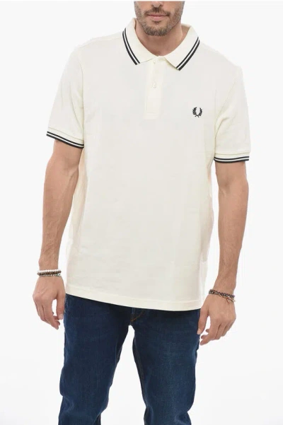 Fred Perry Solid Color Cotton Pique' Polo Shirt With Contrasting Detail In White