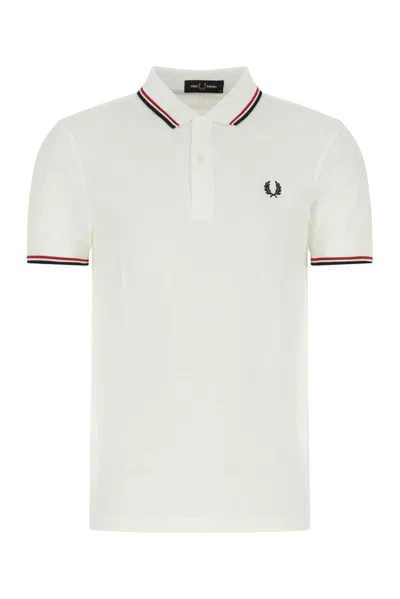 Fred Perry Stripe Detailed Logo Embroidered Polo Shirt In White