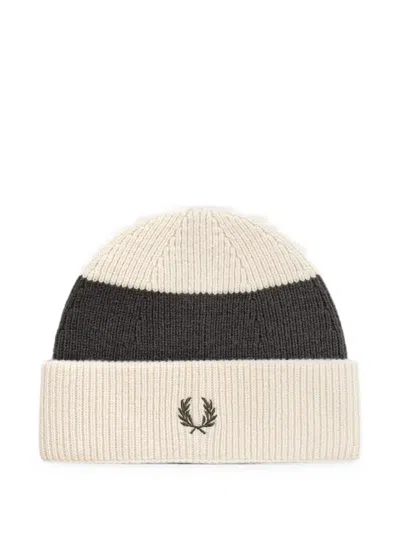 Fred Perry Striped Beanie Hat In Neutral