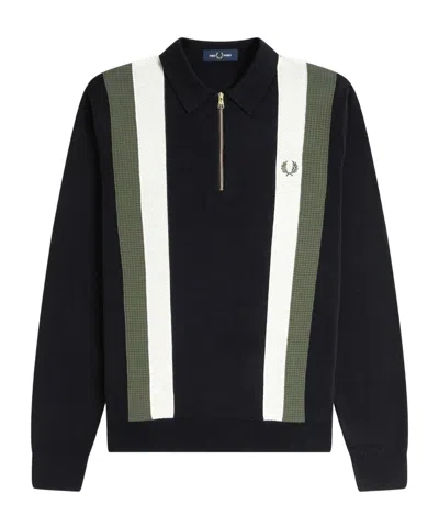 Fred Perry Striped Cotton Zipup Polo Shirt In Black