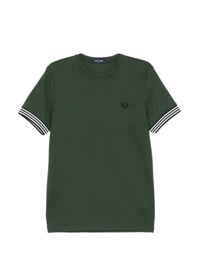 Fred Perry Striped Cuff Logo T-shirt In Green