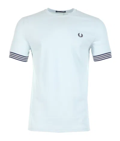 Fred Perry Striped Cuff Pique T Shirt Light Ice In Blue