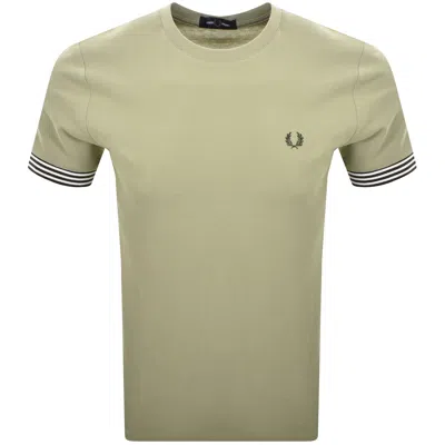Fred Perry Striped Cuff T Shirt Green