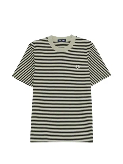 Fred Perry Striped Embroidered-logo T-shirt In Gray