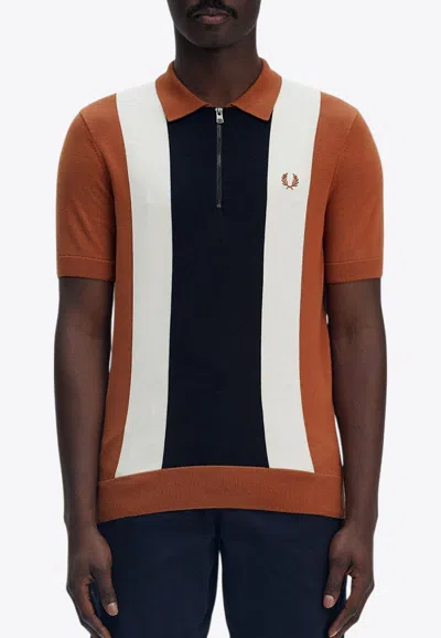 Fred Perry Striped Knit Polo T-shirt In Brown