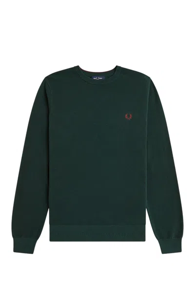 Fred Perry Logo Crew Neck Long Sleeve Top In Green