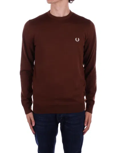 Fred Perry Classic Crew Neck Jumper Oxblood In Whisky Marrone