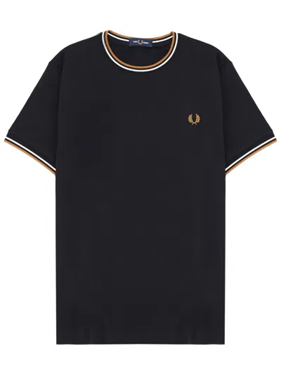 Fred Perry Logo-embroidered Striped-cuff T-shirt In Black