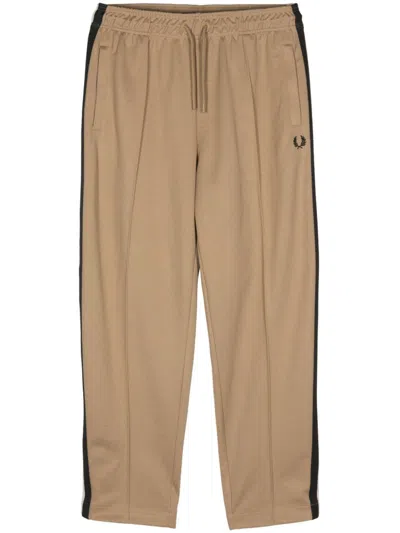 Fred Perry Tape Detail Cotton Blend Track Trousers In Brown