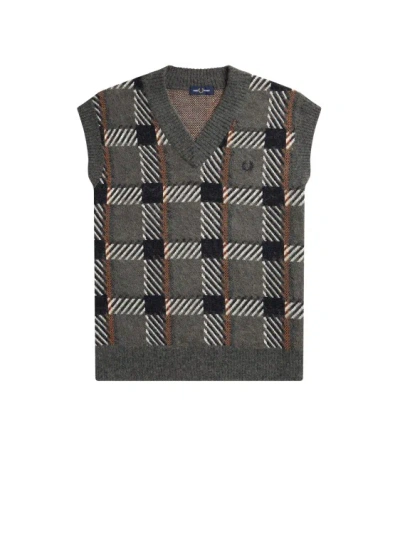 Fred Perry Tartan Vest With Logo Embroidery In Grey