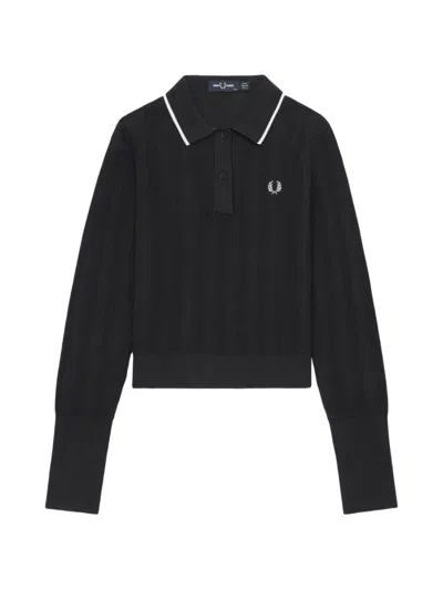 Fred Perry Textured-knit Long-sleeve Polo Top In Black