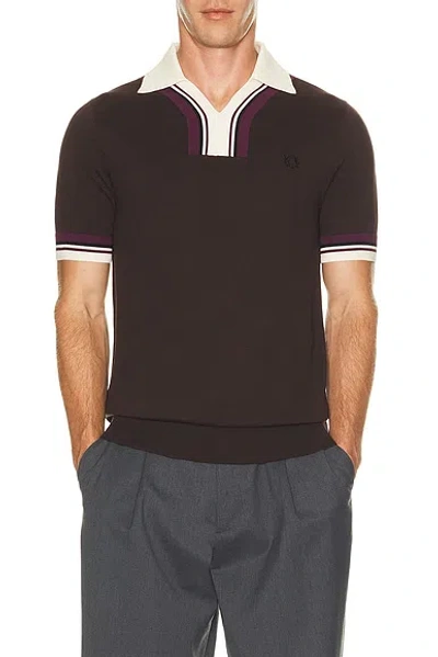 Fred Perry Tipped Open Neck Knitted Shirt In Brown